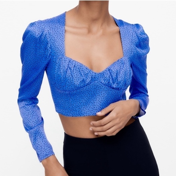 ZARA Black and Blue Polka Dot Crop Top - Picture 1 of 9